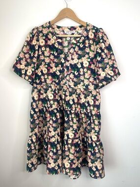 JOY JOY Navy Floral Tiered Dress - Pink Blossom Print size small